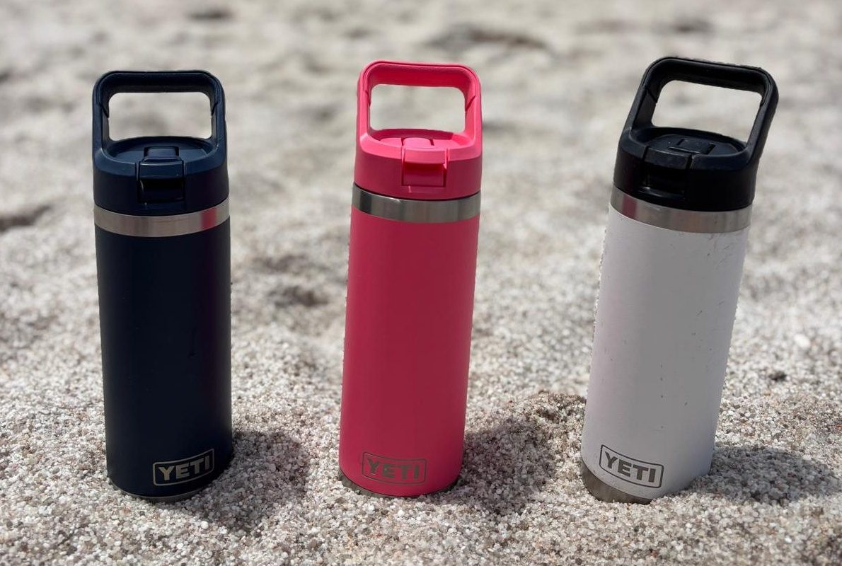 steel water bottle YETI Rambler water bottle with chug cap YETI Rambler insulated water bottle front view YETI water bottle ideal for caravan and camping trips YETI stainless steel water bottle for everyday hydration