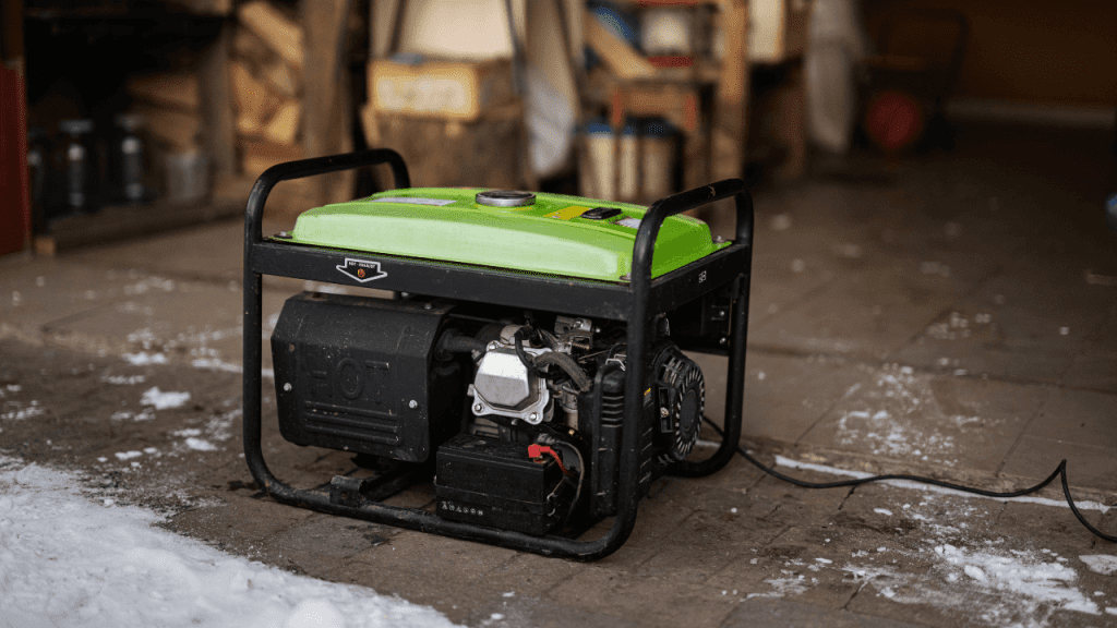 A rugged portable generator designed for camping trips, featuring a compact frame, large fuel tank, and durable handle for easy transport, providing reliable power to run camping lights, small appliances, and electronic devices in remote outdoor locations.