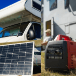 Side-by-side comparison of a portable generator and a solar panel setup used for powering a caravan during off-grid camping.