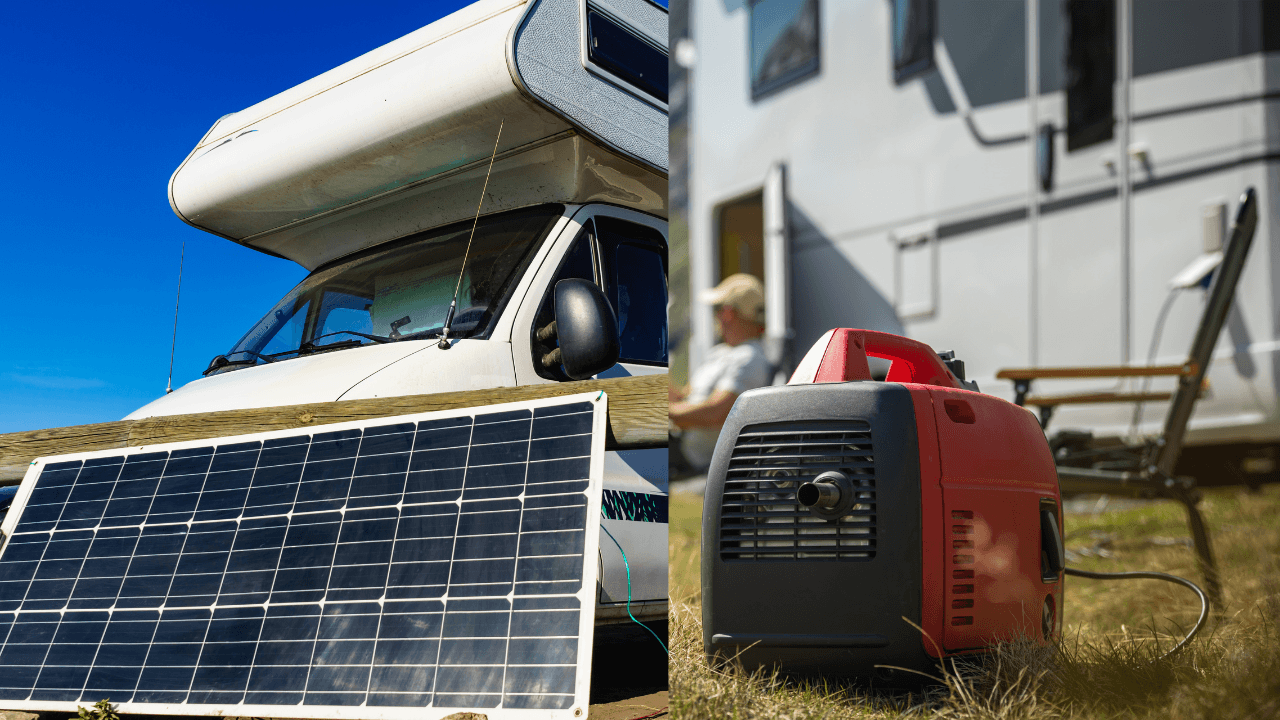 Side-by-side comparison of a portable generator and a solar panel setup used for powering a caravan during off-grid camping.