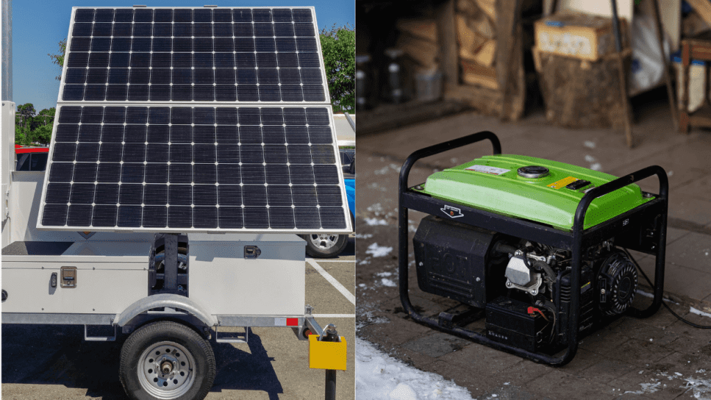 Split-image featuring solar and generator setups beside a caravan, comparing noise-free green power with high-output fuel-powered electricity