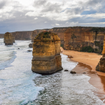 Towering limestone sea stacks of the Twelve Apostles rising from the Southern Ocean along the Great Ocean Road, Victoria.