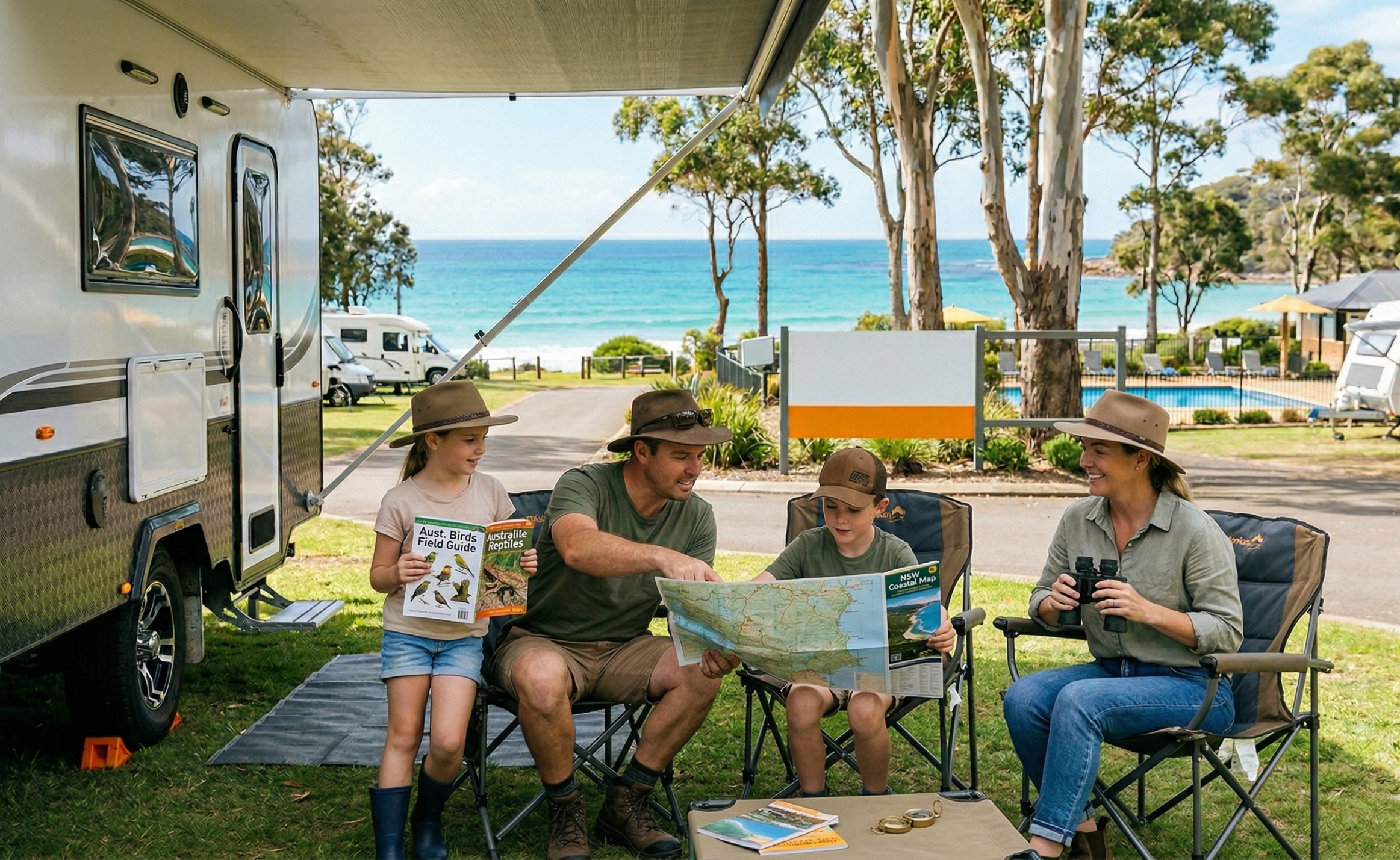A family sitting in camp chairs outside a modern caravan at an Australian coastal holiday park, looking at a paper map together.